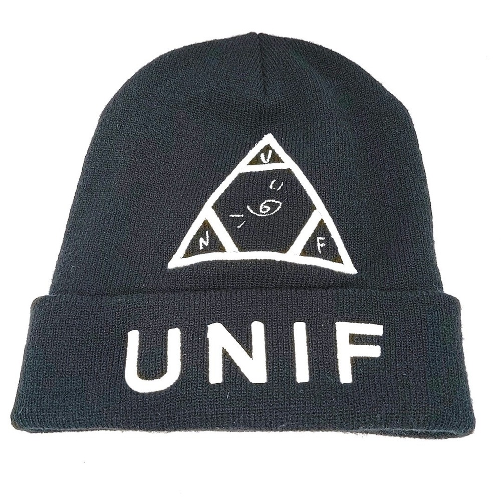 UNIF Black Knit Beanie Hat Y2K Triangle Logo Embroidered Cuff Cap Streetwear